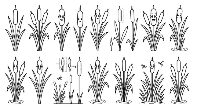 Black and white cartoon cattail Typha latifolia aquatic plant vector illustration isolated on white background