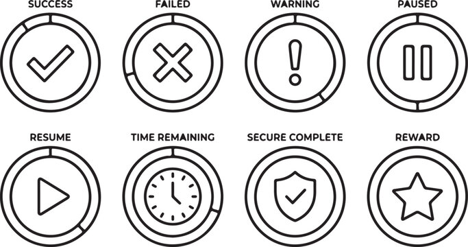 Set of status icons in circles including success, failed, warning, paused, resume, time, secure, reward.