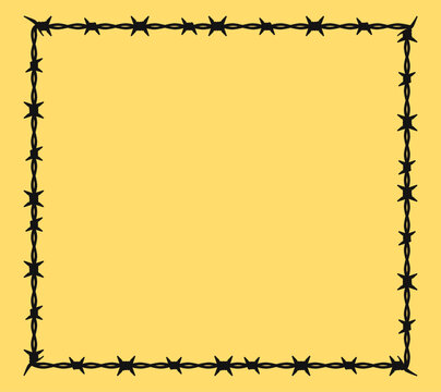 Square frame made of black barbed wire line art against a yellow background.