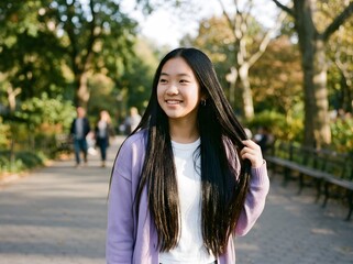 Fototapeta premium Smiling young asian woman with long black hair in a park