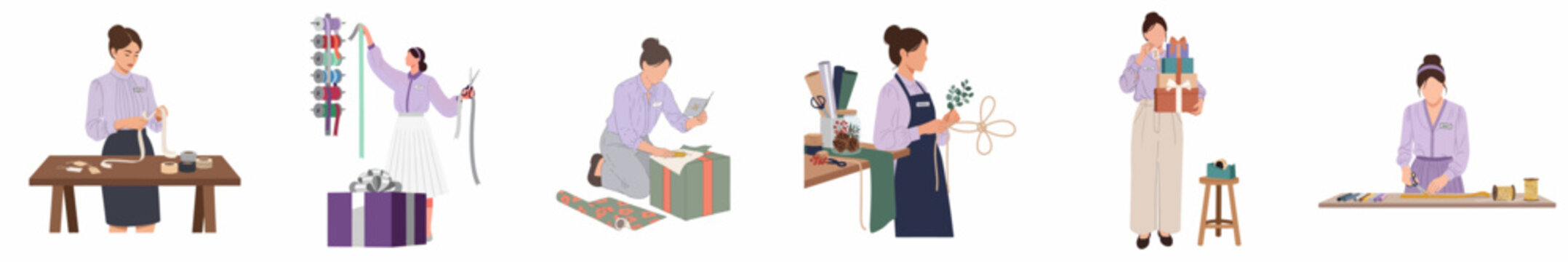 A set of flat illustrations featuring female staff members professionally wrapping gifts, organizing ribbons, and preparing packages in a boutique gift shop.