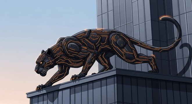 Futuristic black panther robot with glowing orange circuits on skyscraper ledge