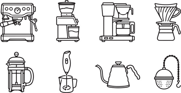 Collection of line art coffee maker icons for brewing espresso americano cappuccino latte mocha flat white.