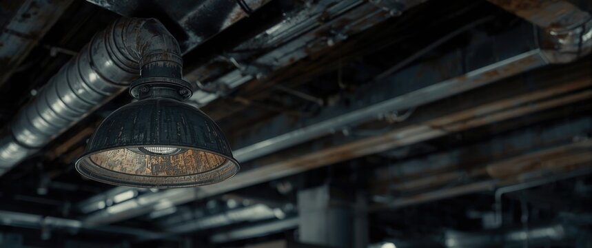 Overhead metallic conduit installation attached to ceiling light in industrial environment