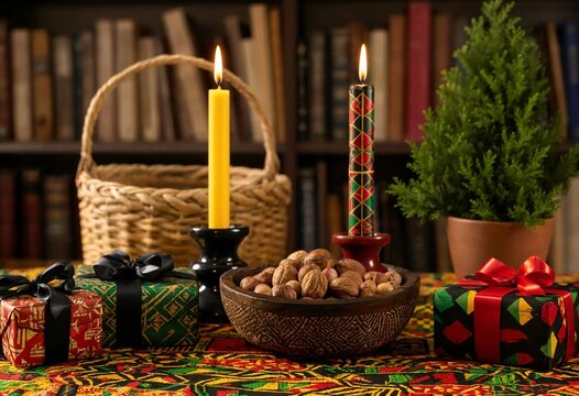 Kwanzaa inspired colorful African patchwork quilt background representing literature, culture, tradition, diversity, celebration, heritage, textile patterns, unity, and festive African diaspora artist