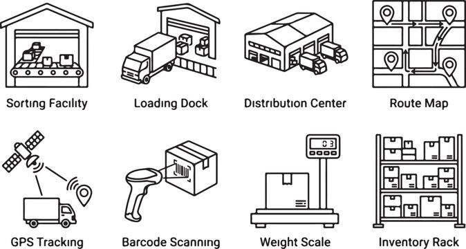 Logistics and supply chain icons depicting sorting facility loading dock distribution center route map gps tracking barcode scanning weight scale inventory.