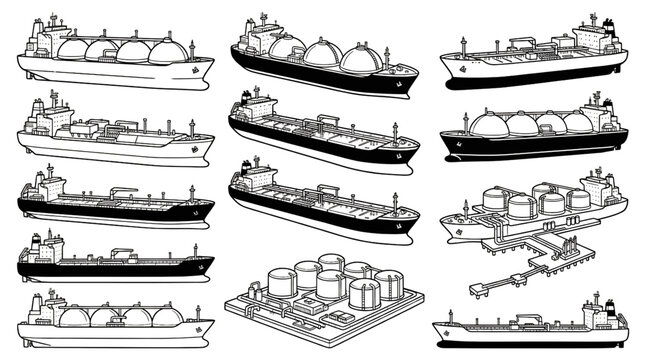 Black and white cartoon LNG gas tanker ships crude oil transport vessels and gas storage terminal vector illustration isolated on white background