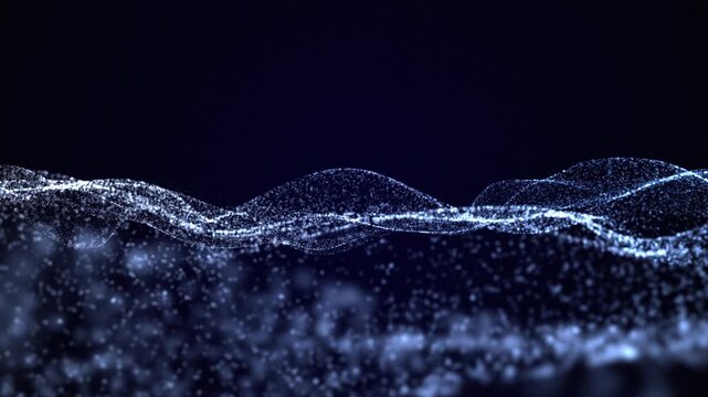 A luminous blue particle landscape forms flowing wave patterns across a dark background, creating a futuristic digital atmosphere