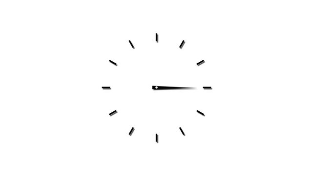 Twelve hours clock run, moving time arrows, 12 hours clock dial loop, twenty-four hours time lapse animation, Hours appear on a white background and quickly go