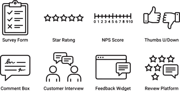 Customer feedback icons survey form star rating nps score thumbs u down comment box interview widget review platform.