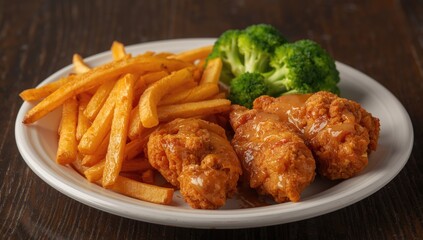 Fototapeta premium Fried chicken wings with French fries and broccoli on a plate