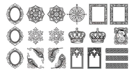 Vintage ornamental design elements, 20 black and white vector icons with baroque frames, royal crowns, mandalas and peacock feathers © zahra
