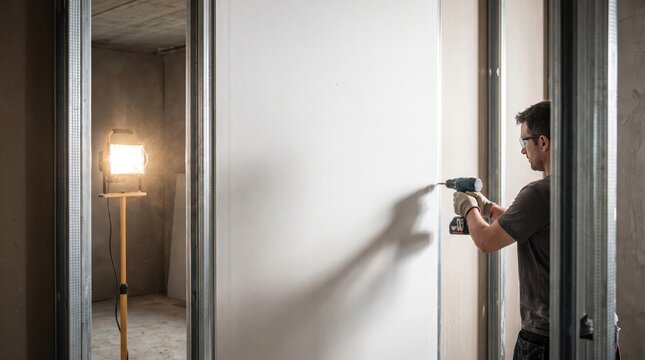 Workers Drilling Drywall Partition Wall Spotlight Renovation