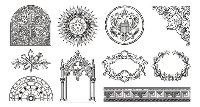Vintage architectural ornaments and heraldic design elements, set of 10 antique vector engravings, gothic arches and classical borders for branding