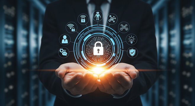 Businessman holding cyber security shield network icons and padlock data privacy (78 Chars)