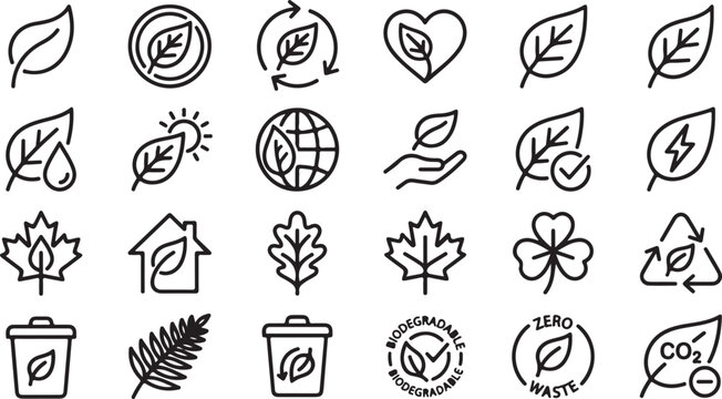 Eco friendly and nature icons including leaves, recycling, biodegradable, and zero waste symbols.