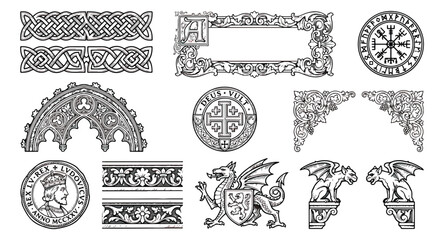 Medieval gothic ornaments and heraldic symbols, vintage 12 vector elements set, antique celtic knots and gargoyle illustrations for historical branding © zahra