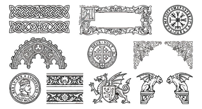 Medieval gothic ornaments and heraldic symbols, vintage 12 vector elements set, antique celtic knots and gargoyle illustrations for historical branding