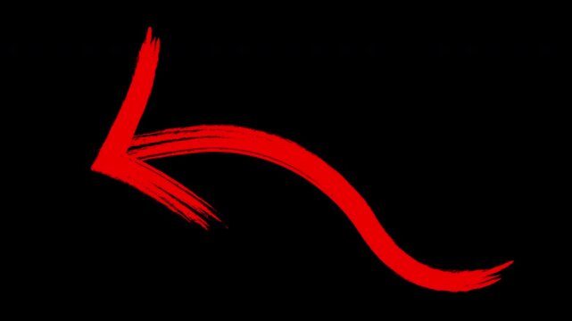 Red brush stroke arrow animation pointing left, hand drawn paint return back indicator icon alpha loop.