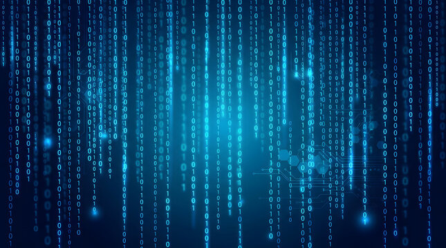 Binary code rain blue background digital data stream