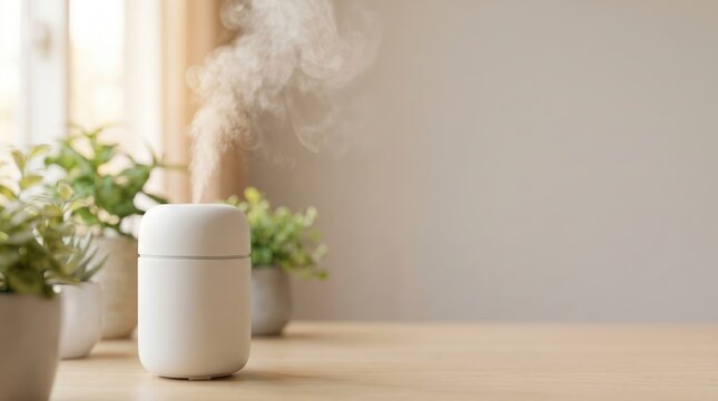 Aromatherapy diffuser emitting mist in a cozy room