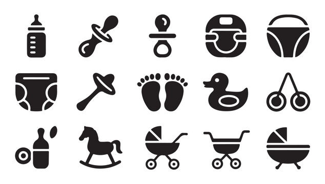 Set of black baby vector icons featuring various newborn accessories and nursery essentials.
