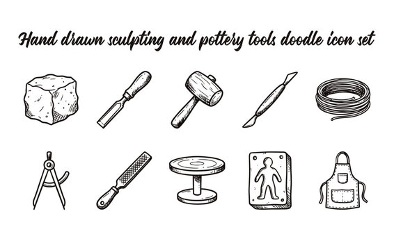 Hand drawn sculpting and pottery tools doodle icon set