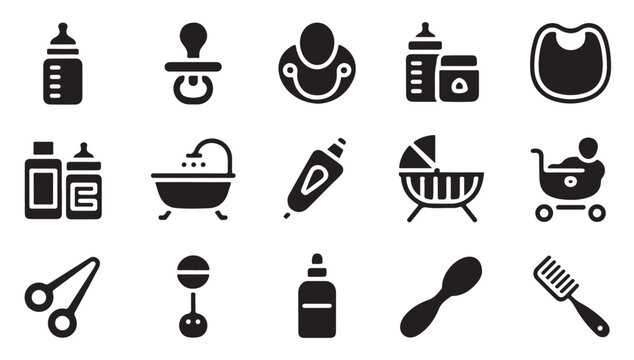 Baby care icons for newborn needs and infant items including feeding and hygiene.