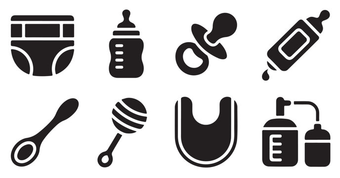 Baby hygiene and feeding items with diaper bottle pacifier and medicine dispenser.