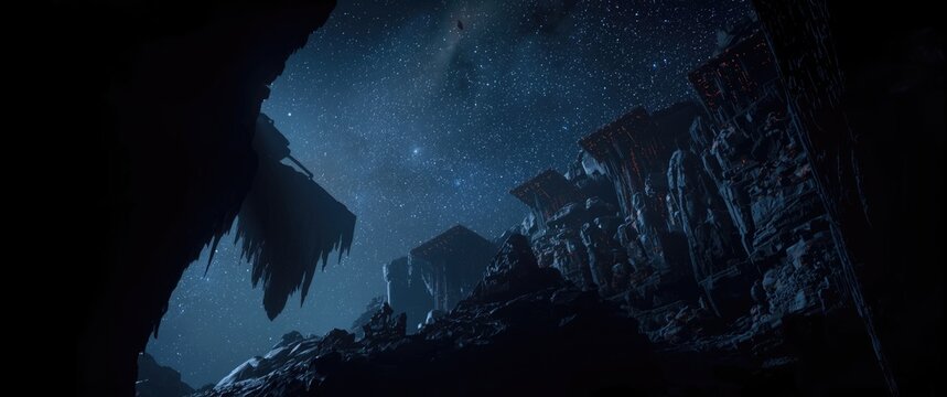 Space-themed game level showing rocky platforms under a star-filled sky