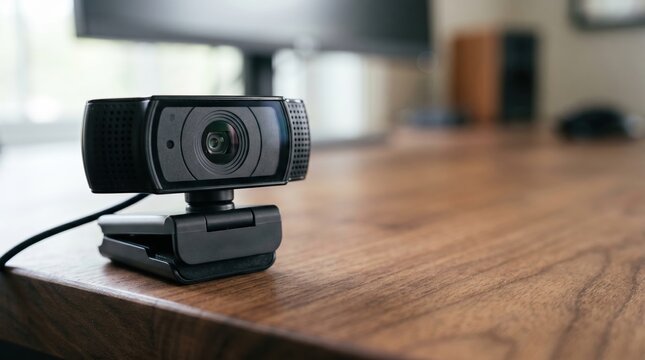 Modern Webcam on Wooden Desk for Remote Work