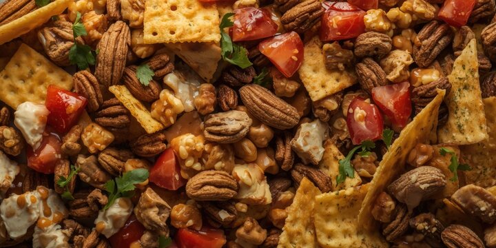 Mixed snack platter with crackers, nuts, and tomatoes