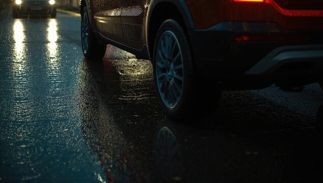 Vehicle traveling on rainy slick asphalt with automotive lighting and tires firmly gripping road