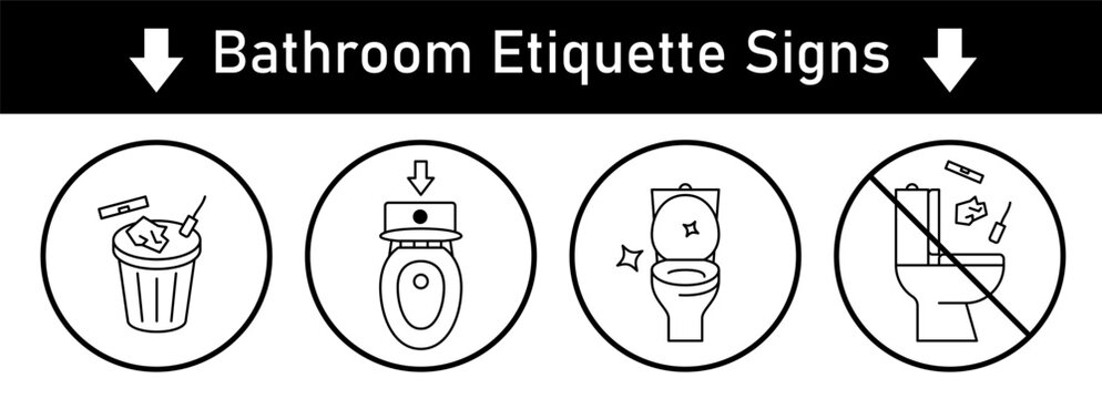 Set of bathroom etiquette signs. Flush the toilet icon. Line pictograms of water closet, garbage bin, feminine hygiene trash. Vector illustration for caution designs, warning stickers, instructions