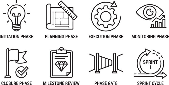 Project phases icons initiation planning execution monitoring closure milestone review phase gate sprint cycle progress workflow.