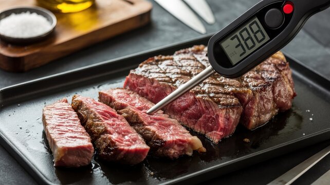 Medium rare grilled steak with digital meat thermometer showing internal temperature on serving tray
