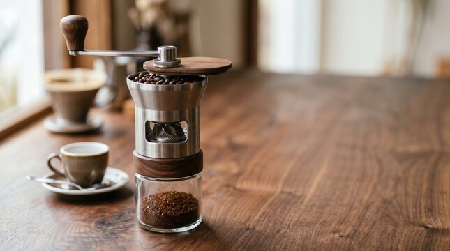 Freshly ground coffee with manual grinder