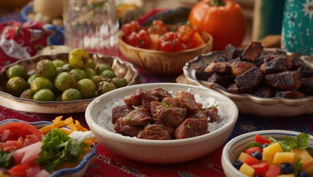 Mexican festive table setup showcasing bowls of carnitas pork chicharron and colorful vegetable accompaniments on bright fabric