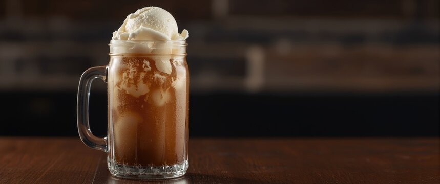 Frosty root beer float drink served with rich ice cream in a sturdy glass mug