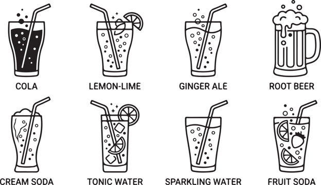 Assortment of soft drinks cola lemon lime ginger ale root beer cream soda tonic water sparkling.