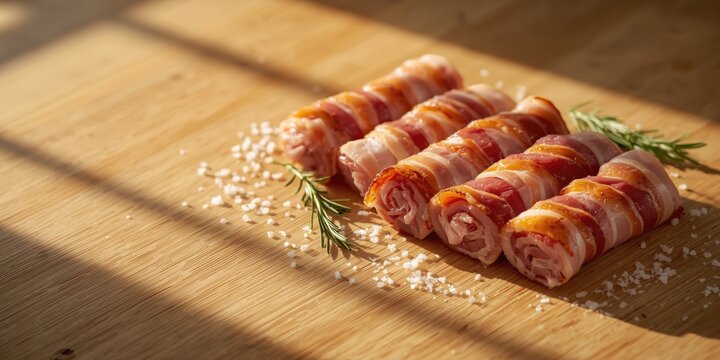 Rolled bacon pieces on a wooden cutting board