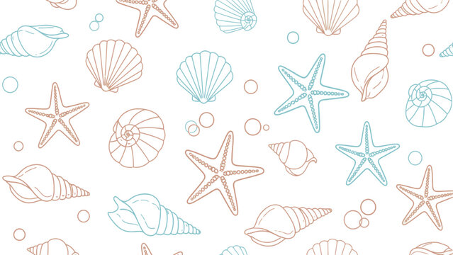 A delightful repeating pattern showcases various ocean creatures like starfish and diverse seashells in outline form creating a captivating marine theme for endless design possibilities