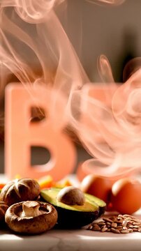 Smoky scene of mushrooms and avocado on a table with smoke rising. Vitamin B5