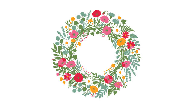 This charming circular arrangement of diverse blossoms and fresh green leaves symbolizes a bountiful season offering a delightful natural adornment suitable for various festive designs and