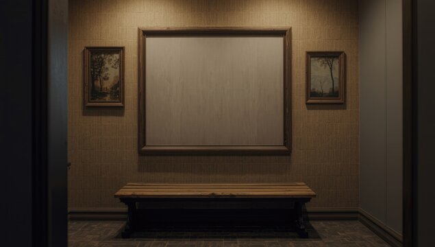 Mens room interior styling with facsimile art and wooden bench including copy space