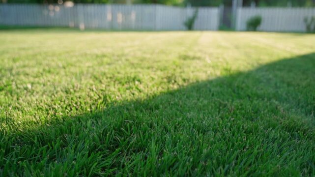Freshly mowed green lawn in backyard at golden hour close-up