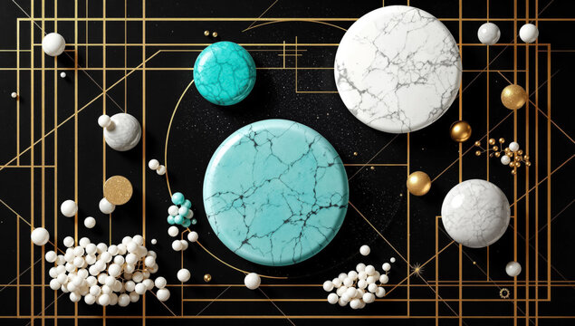 Abstract design featuring panel against a black backdrop adorned with gold lines and geometric shapes