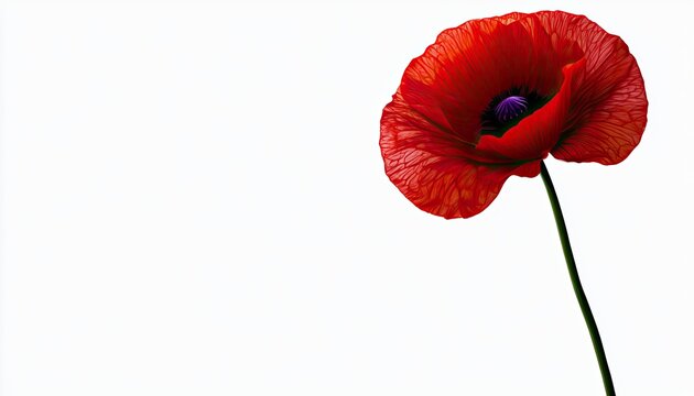 Single vibrant red poppy with dark center on white background
