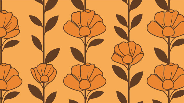 A cheerful repeating pattern shows stylized orange flowers on brown stems creating a textile design This warm patterned surface offers a distinct retro aesthetic suitable for various creative