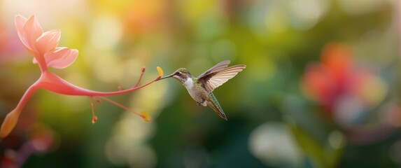 Obraz premium Hummingbird sipping nectar from a bright pink flower